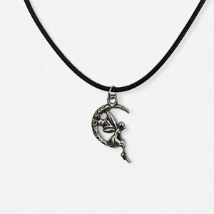 Silver Tone Fairy on Crescent Moon Pendant on Black Cord Necklace